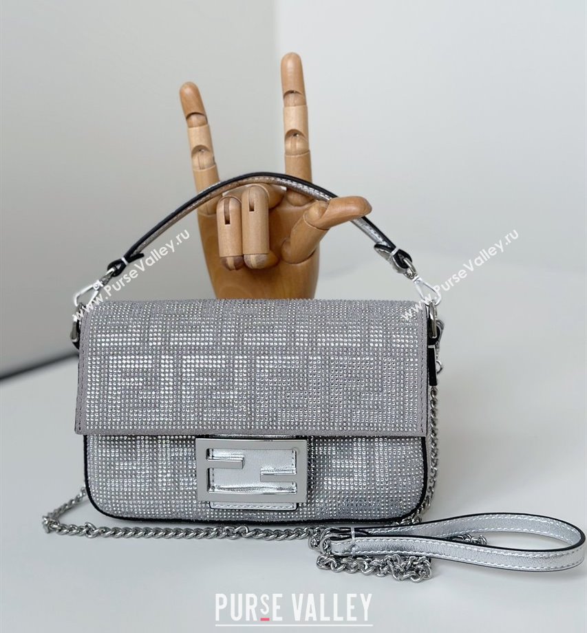 Fendi Baguette Mini Bag in Silver leather and Suede with strass FF motif 2025 8632S (CL-250522010)