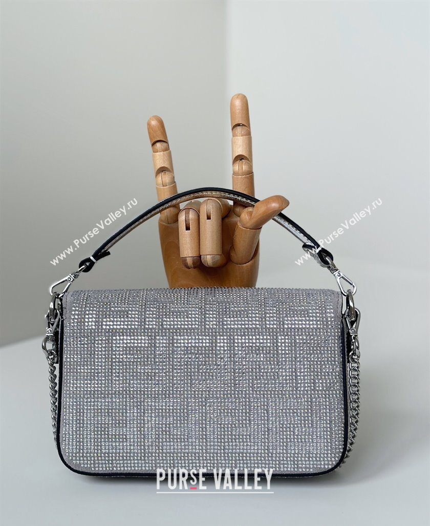 Fendi Baguette Mini Bag in Silver leather and Suede with strass FF motif 2025 8632S (CL-250522010)