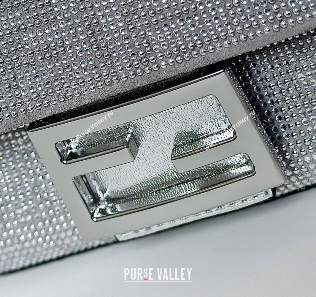 Fendi Baguette Mini Bag in Silver leather and Suede with strass FF motif 2025 8632S (CL-250522010)