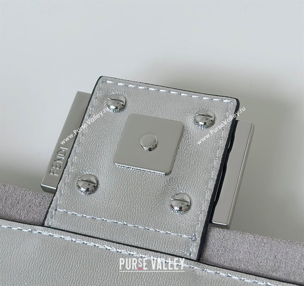 Fendi Baguette Mini Bag in Silver leather and Suede with strass FF motif 2025 8632S (CL-250522010)