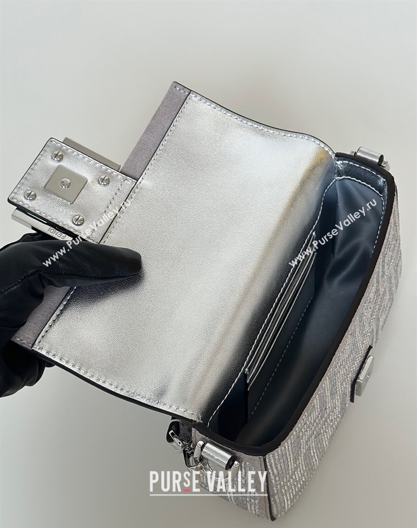Fendi Baguette Mini Bag in Silver leather and Suede with strass FF motif 2025 8632S (CL-250522010)