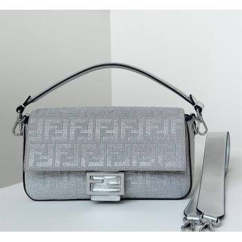 Fendi Baguette Medium Bag in Silver leather and Suede with strass FF motif 2025 8632L (CL-250522011)