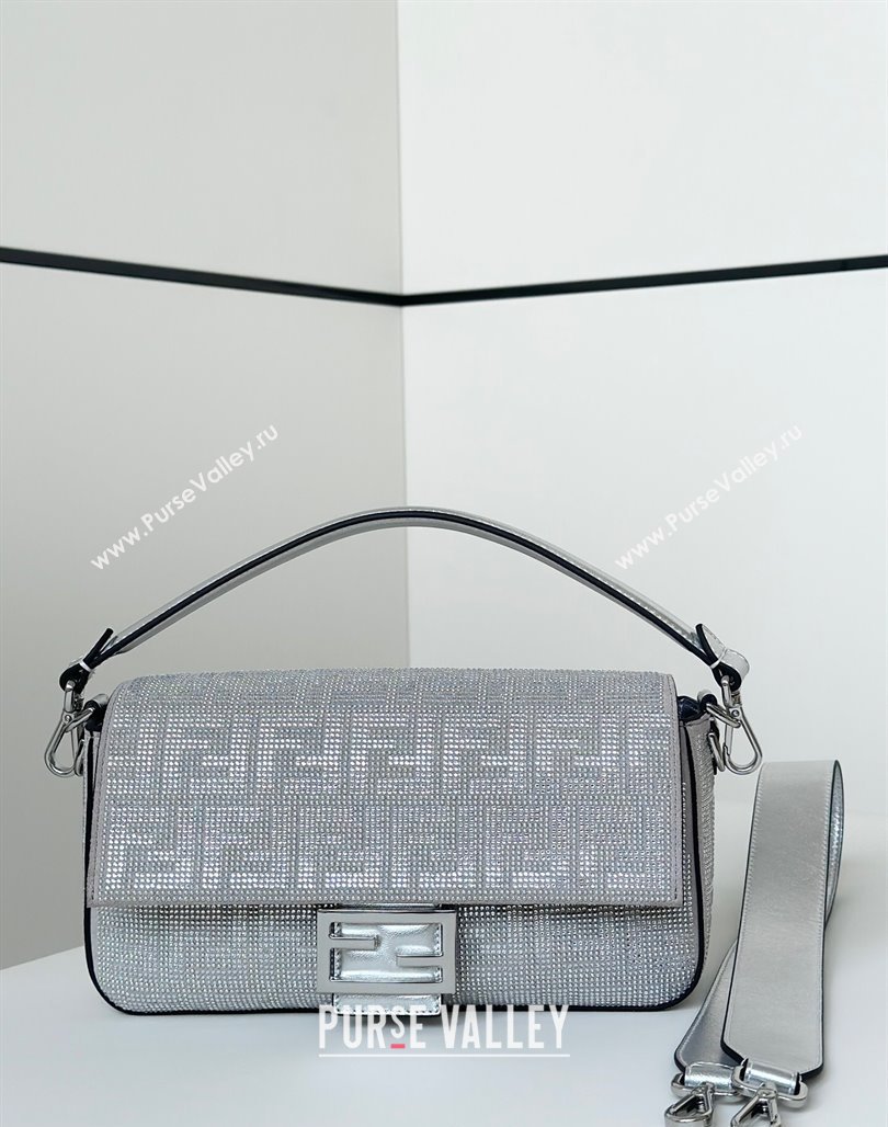 Fendi Baguette Medium Bag in Silver leather and Suede with strass FF motif 2025 8632L (CL-250522011)
