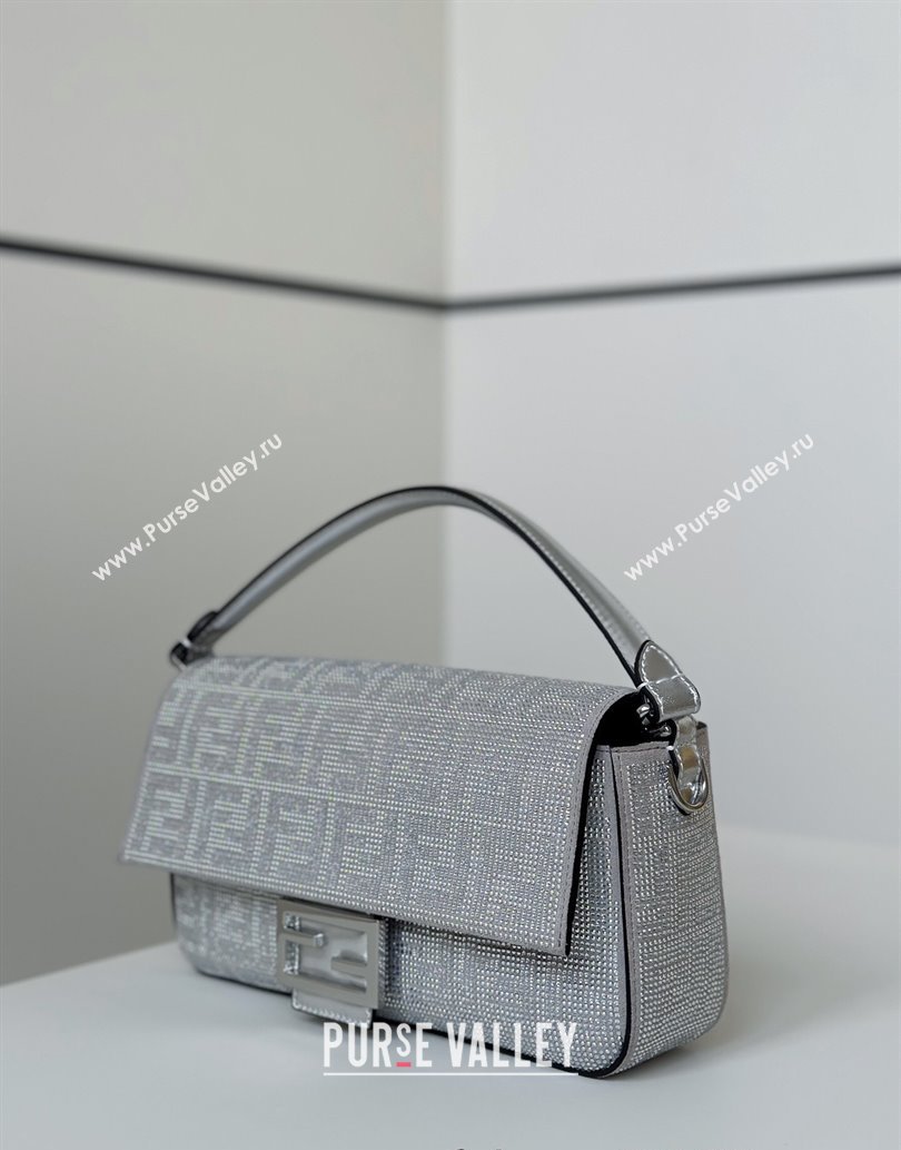 Fendi Baguette Medium Bag in Silver leather and Suede with strass FF motif 2025 8632L (CL-250522011)