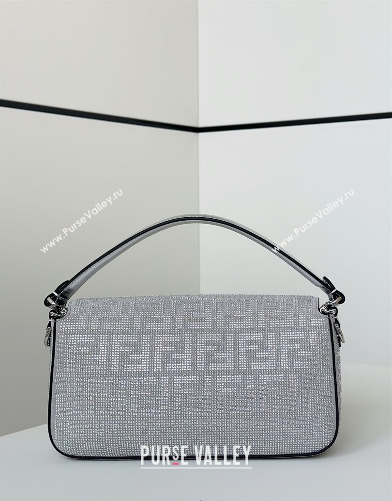 Fendi Baguette Medium Bag in Silver leather and Suede with strass FF motif 2025 8632L (CL-250522011)