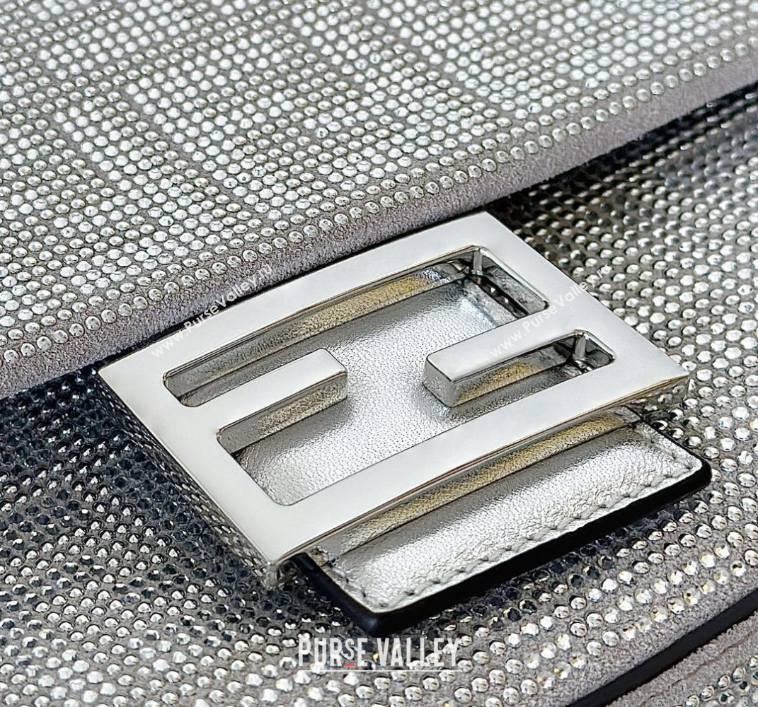 Fendi Baguette Medium Bag in Silver leather and Suede with strass FF motif 2025 8632L (CL-250522011)