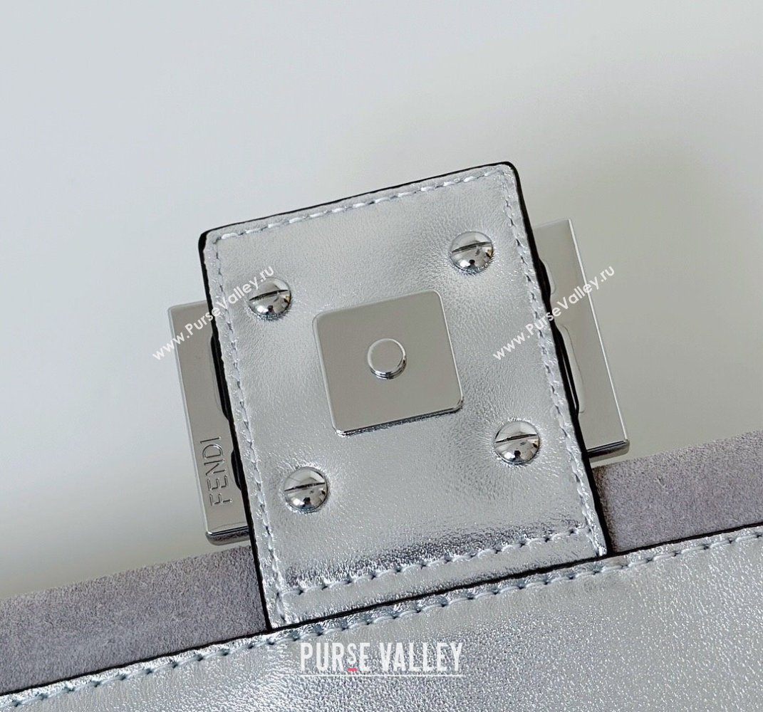 Fendi Baguette Medium Bag in Silver leather and Suede with strass FF motif 2025 8632L (CL-250522011)