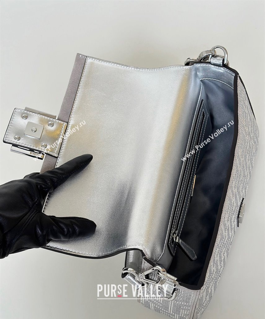 Fendi Baguette Medium Bag in Silver leather and Suede with strass FF motif 2025 8632L (CL-250522011)