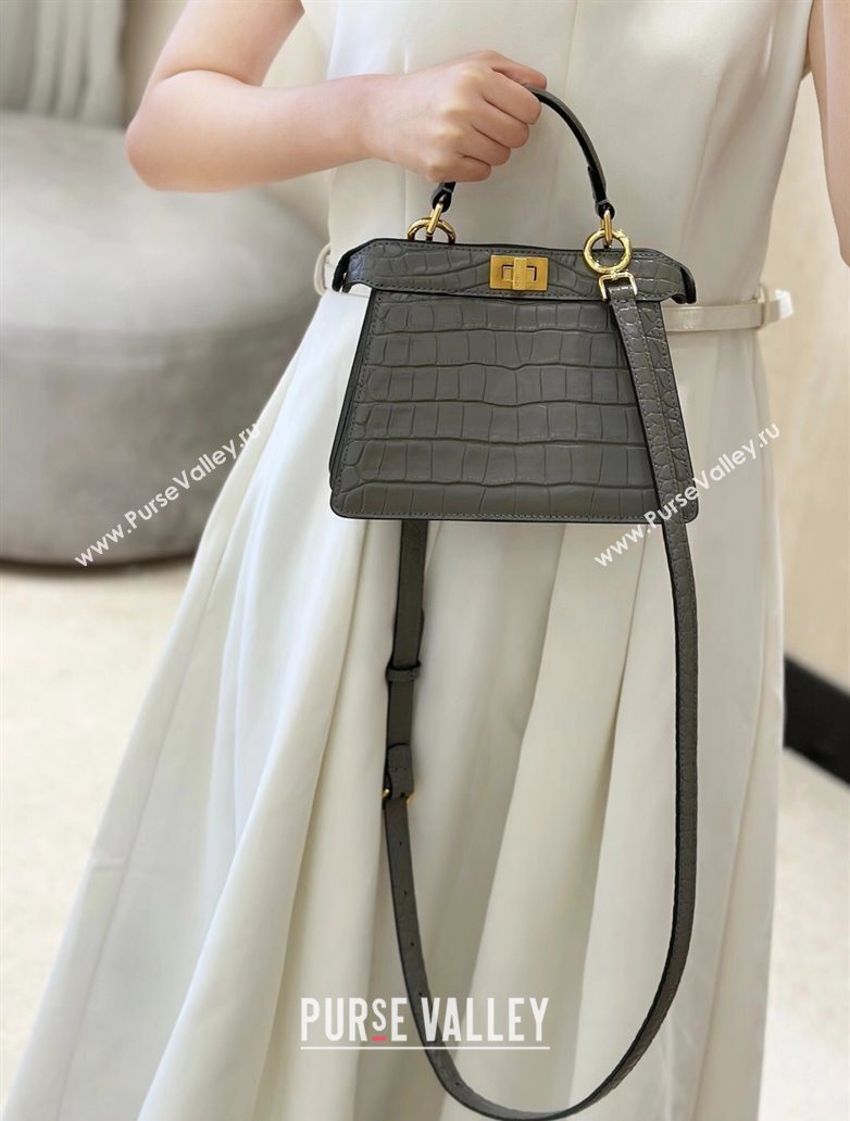 Fendi Peekaboo ISeeU Petite Bag in Crocodile Embossed Leather Dark Grey 2025 66805 (CL-250522012)