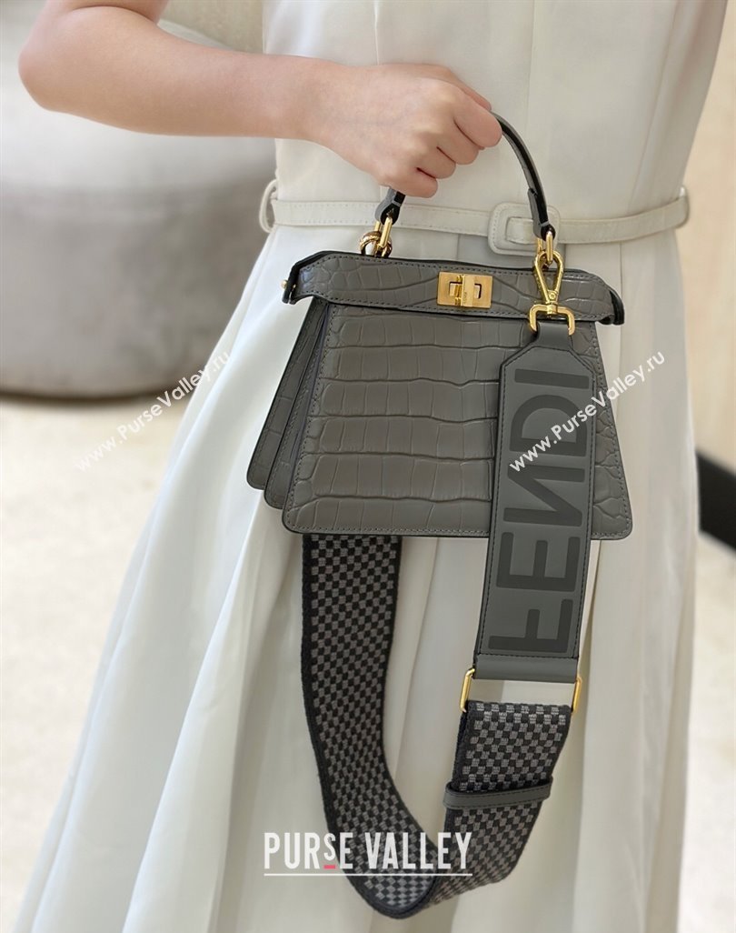 Fendi Peekaboo ISeeU Petite Bag in Crocodile Embossed Leather Dark Grey 2025 66805 (CL-250522012)