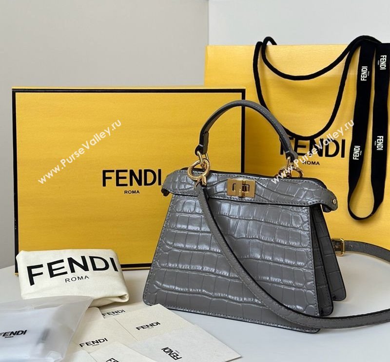 Fendi Peekaboo ISeeU Petite Bag in Crocodile Embossed Leather Dark Grey 2025 66805 (CL-250522012)