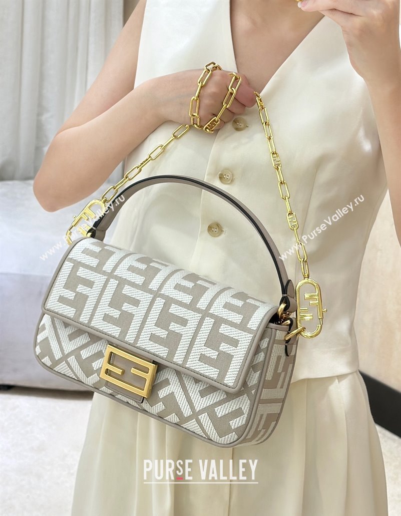 Fendi Baguette Medium Bag in Canvas with FF embroidery Grey/White 2025 0159M (CL-250522016)