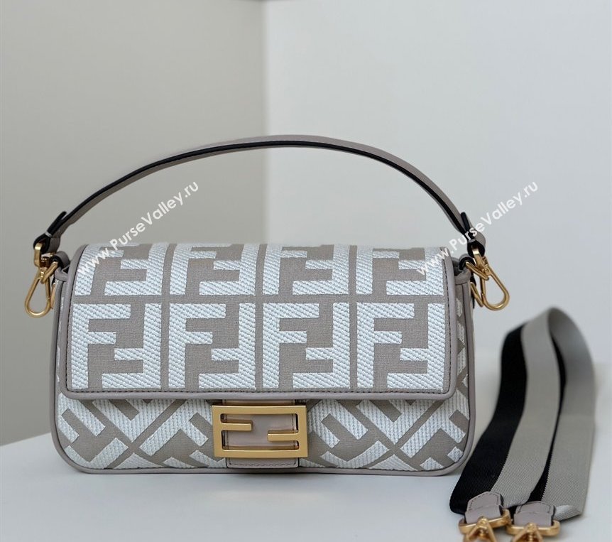 Fendi Baguette Medium Bag in Canvas with FF embroidery Grey/White 2025 0159M (CL-250522016)