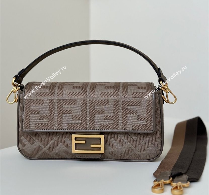 Fendi Baguette Medium Bag in Canvas with FF embroidery Brown/Grey 2025 0159M (CL-250522015)