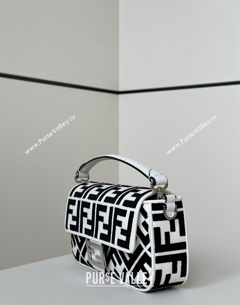 Fendi Baguette Medium Bag in Canvas with FF embroidery Black/White 2025 0159M (CL-250522014)