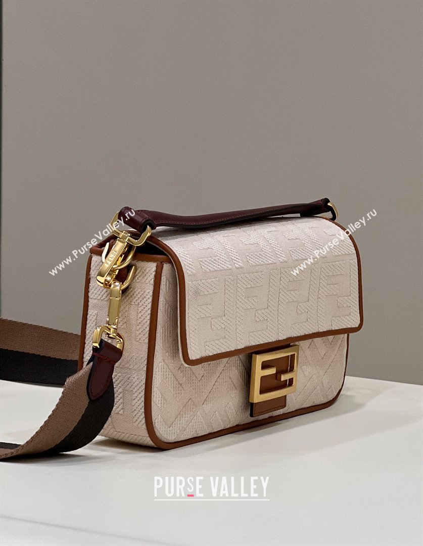 Fendi Baguette Medium Bag in Canvas with FF embroidery Light Beige 2025 0159M (CL-250522021)