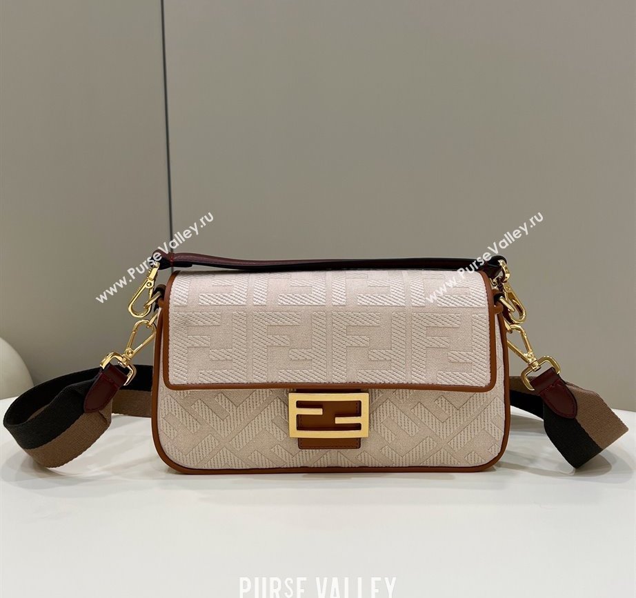 Fendi Baguette Medium Bag in Canvas with FF embroidery Light Beige 2025 0159M (CL-250522021)