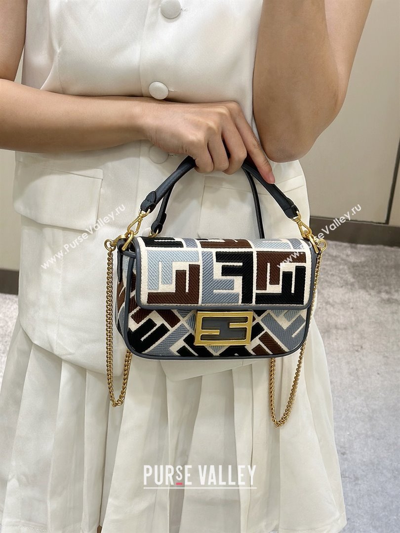 Fendi Baguette Mini Bag in Canvas with FF embroidery Blue/Multicolor 2025 0159S (CL-250522025)