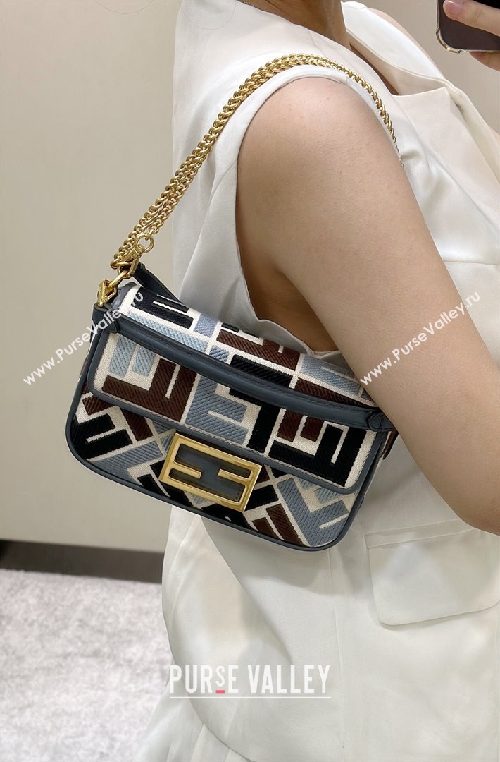 Fendi Baguette Mini Bag in Canvas with FF embroidery Blue/Multicolor 2025 0159S (CL-250522025)