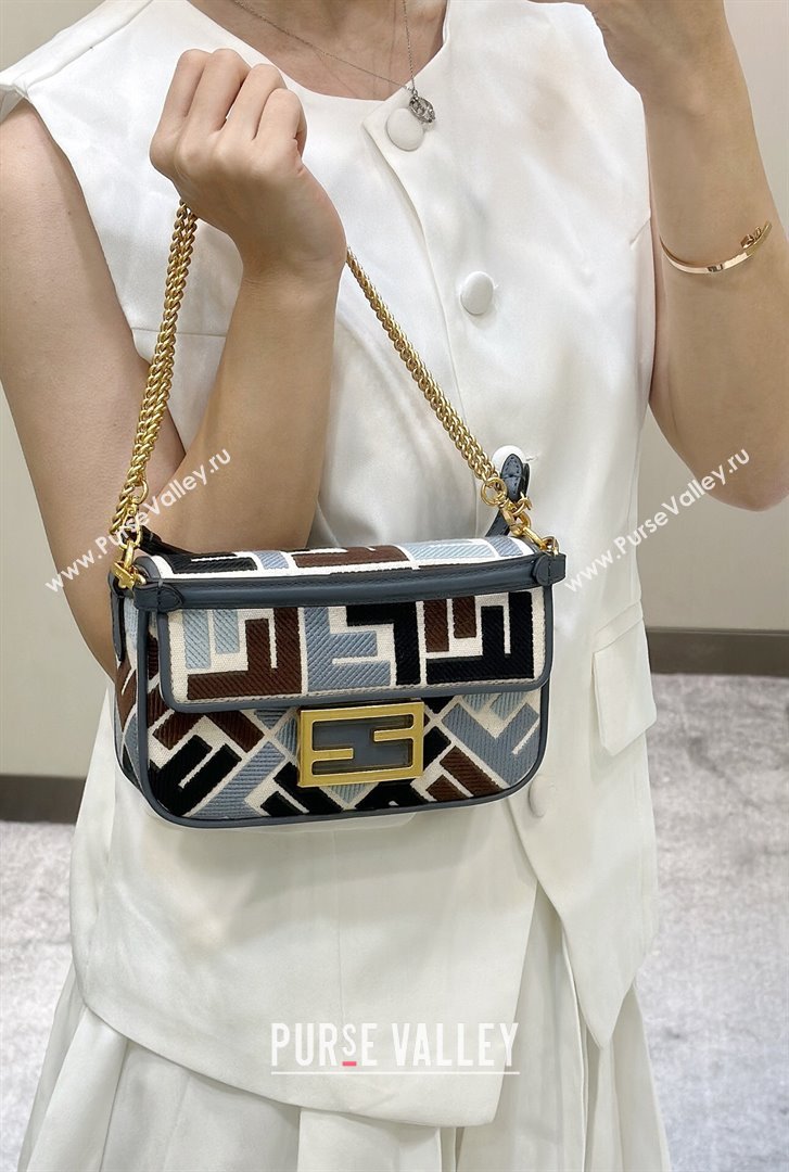 Fendi Baguette Mini Bag in Canvas with FF embroidery Blue/Multicolor 2025 0159S (CL-250522025)