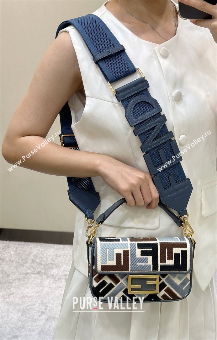 Fendi Baguette Mini Bag in Canvas with FF embroidery Blue/Multicolor 2025 0159S (CL-250522025)