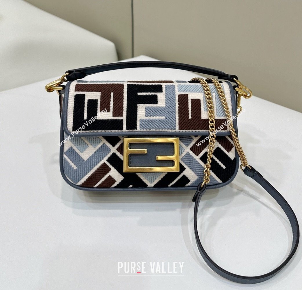 Fendi Baguette Mini Bag in Canvas with FF embroidery Blue/Multicolor 2025 0159S (CL-250522025)
