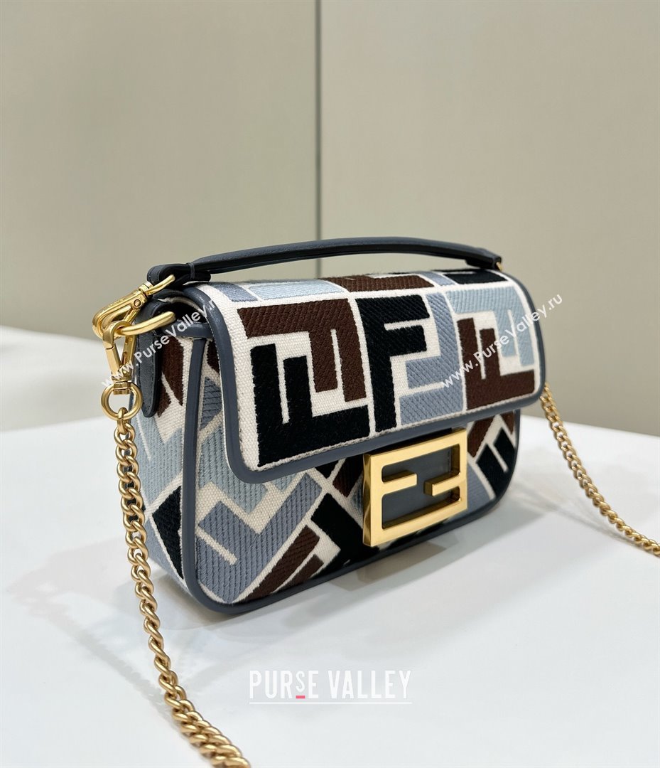 Fendi Baguette Mini Bag in Canvas with FF embroidery Blue/Multicolor 2025 0159S (CL-250522025)