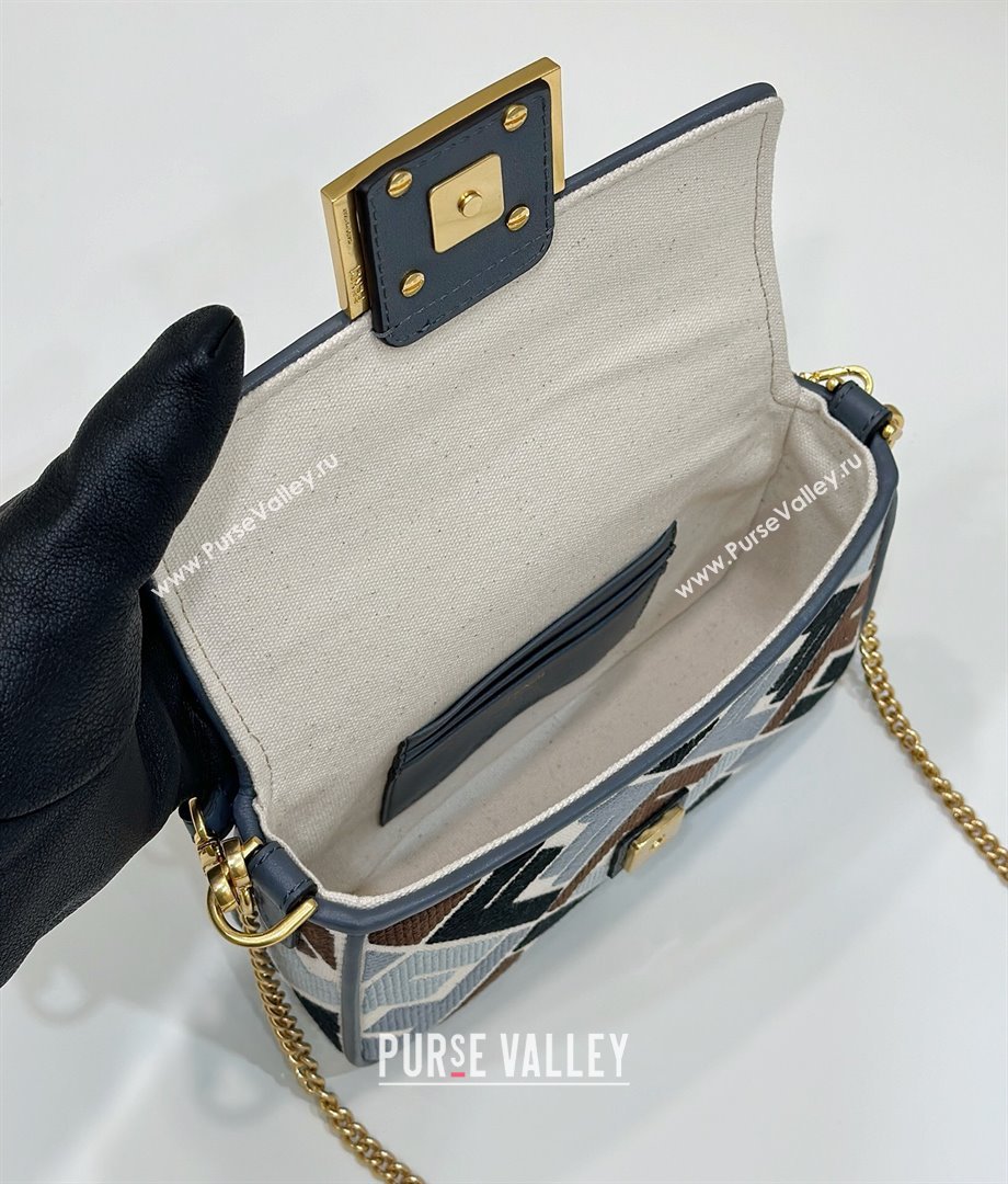 Fendi Baguette Mini Bag in Canvas with FF embroidery Blue/Multicolor 2025 0159S (CL-250522025)