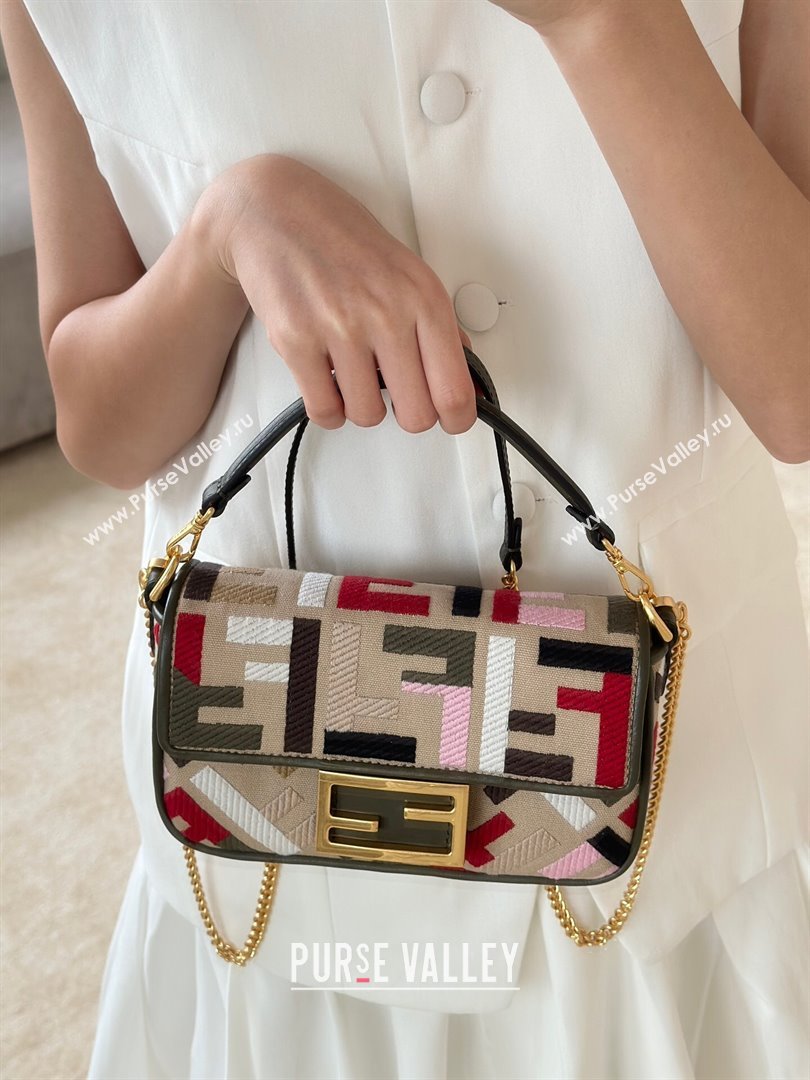 Fendi Baguette Mini Bag in Canvas with FF embroidery Beige/Multicolor 2025 0159S (CL-250522026)