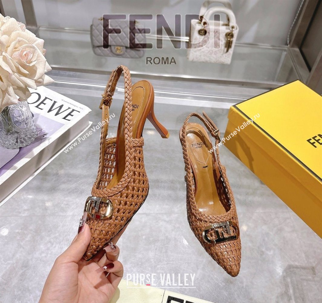 Fendi Slingback Pumps 8cm in Woven Nappa Leather Brown 2025 0605 (MD-250605074)