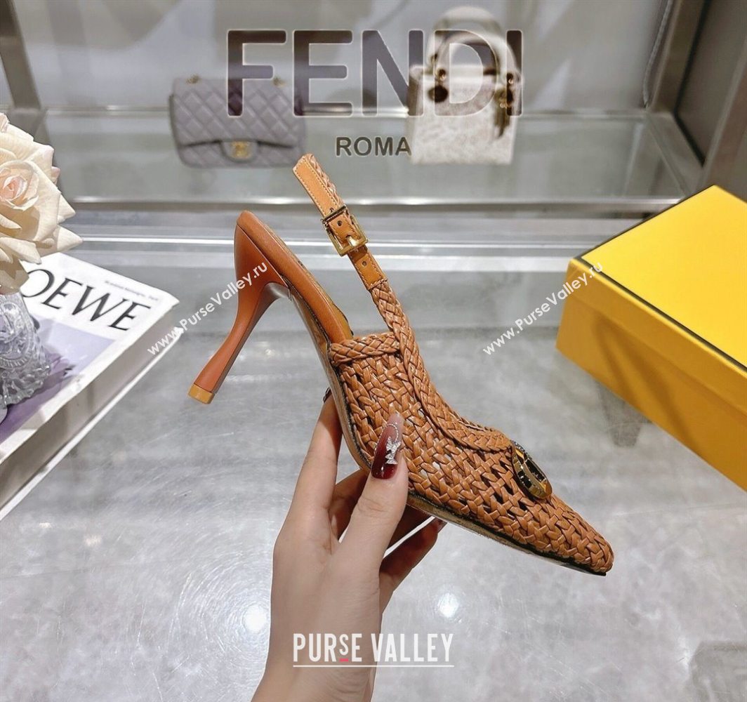Fendi Slingback Pumps 8cm in Woven Nappa Leather Brown 2025 0605 (MD-250605074)