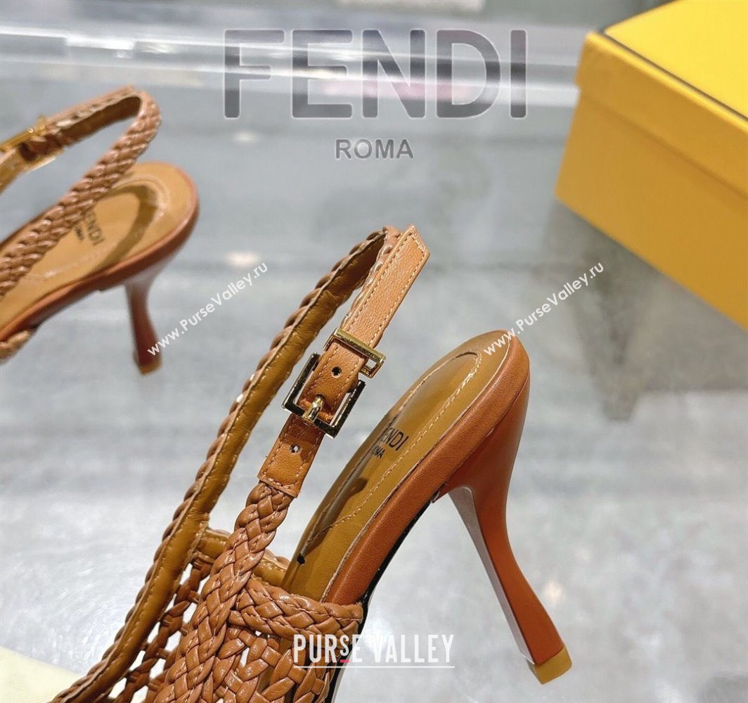 Fendi Slingback Pumps 8cm in Woven Nappa Leather Brown 2025 0605 (MD-250605074)