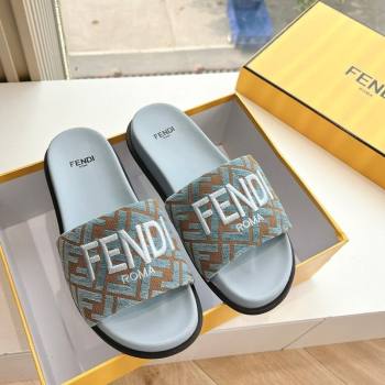 Fendi Flat Slides Sandal in FF Canvas Blue 2025 0605 (HQG-250605061)