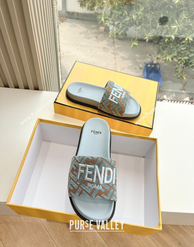 Fendi Flat Slides Sandal in FF Canvas Blue 2025 0605 (HQG-250605061)