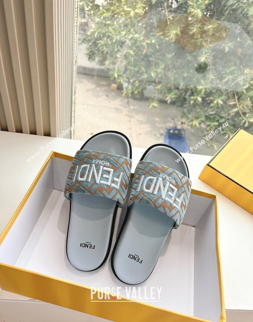 Fendi Flat Slides Sandal in FF Canvas Blue 2025 0605 (HQG-250605061)