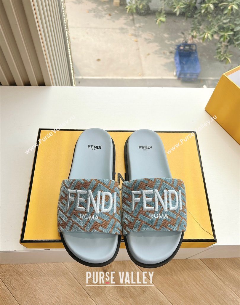 Fendi Flat Slides Sandal in FF Canvas Blue 2025 0605 (HQG-250605061)