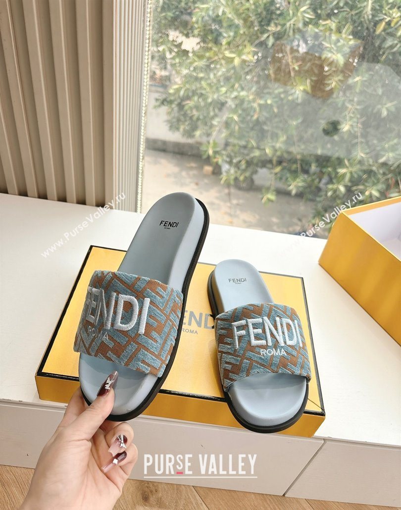 Fendi Flat Slides Sandal in FF Canvas Blue 2025 0605 (HQG-250605061)