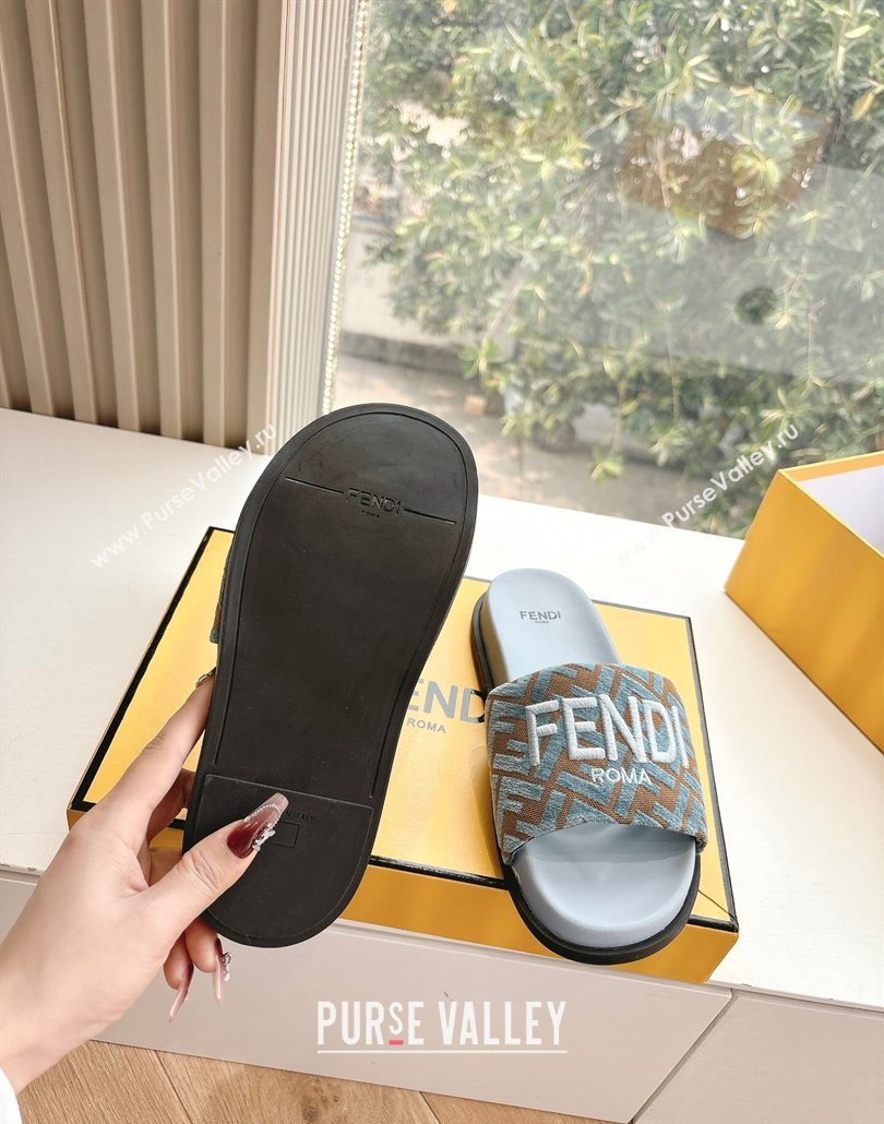 Fendi Flat Slides Sandal in FF Canvas Blue 2025 0605 (HQG-250605061)