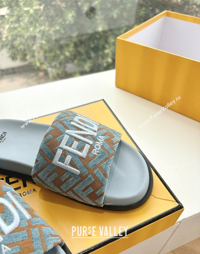 Fendi Flat Slides Sandal in FF Canvas Blue 2025 0605 (HQG-250605061)