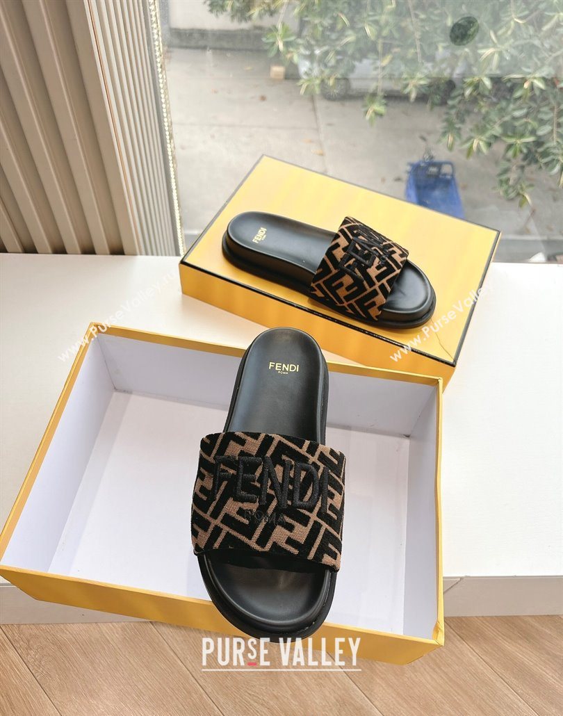 Fendi Flat Slides Sandal in FF Canvas Black 2025 0605 (HQG-250605058)
