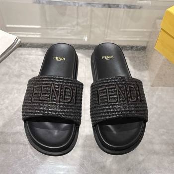 Fendi Flat Slides Sandal in Woven Straw-Like Black 2025 0605 (MD-250605064)