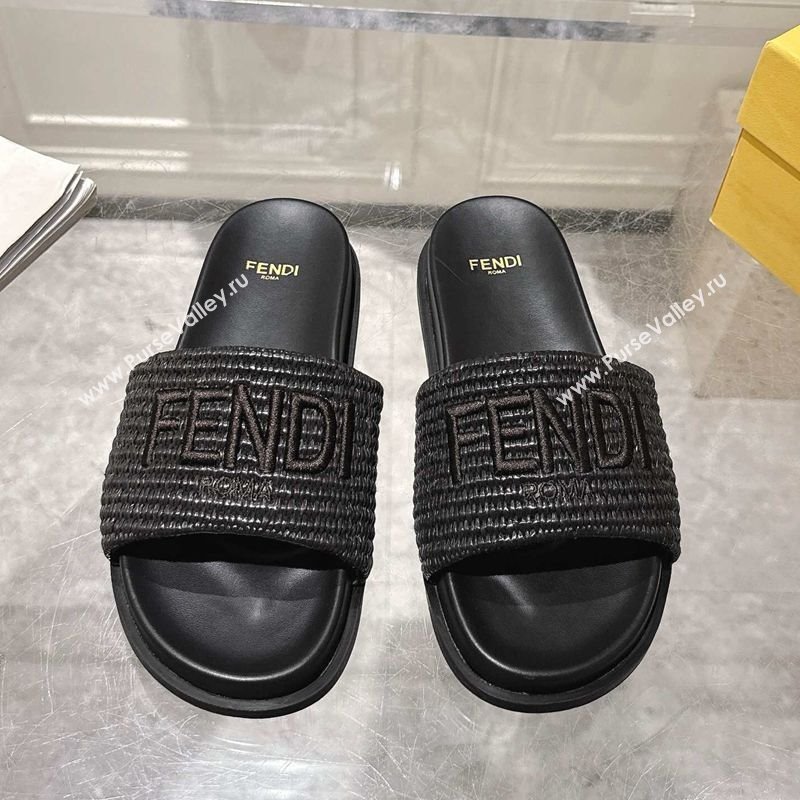 Fendi Flat Slides Sandal in Woven Straw-Like Black 2025 0605 (MD-250605064)