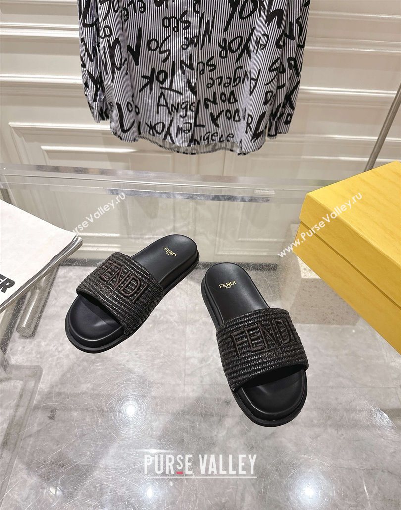 Fendi Flat Slides Sandal in Woven Straw-Like Black 2025 0605 (MD-250605064)