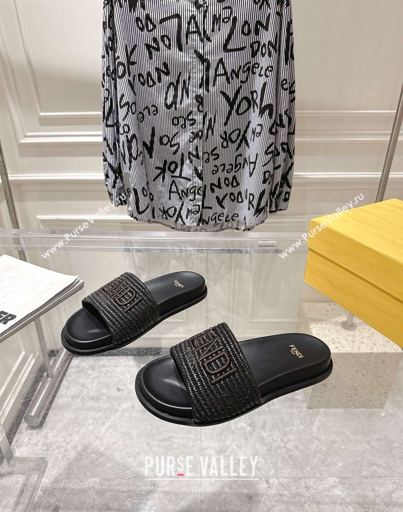 Fendi Flat Slides Sandal in Woven Straw-Like Black 2025 0605 (MD-250605064)