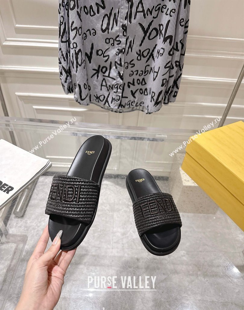 Fendi Flat Slides Sandal in Woven Straw-Like Black 2025 0605 (MD-250605064)