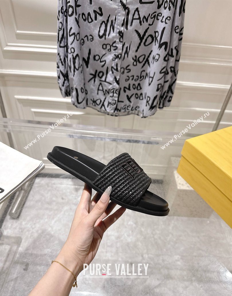 Fendi Flat Slides Sandal in Woven Straw-Like Black 2025 0605 (MD-250605064)