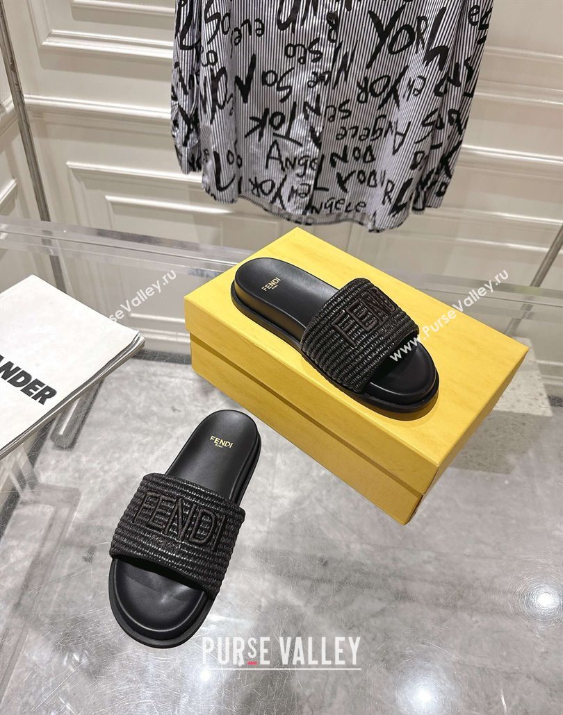 Fendi Flat Slides Sandal in Woven Straw-Like Black 2025 0605 (MD-250605064)
