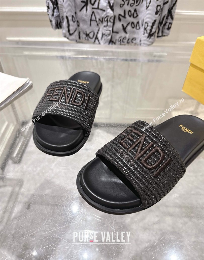 Fendi Flat Slides Sandal in Woven Straw-Like Black 2025 0605 (MD-250605064)