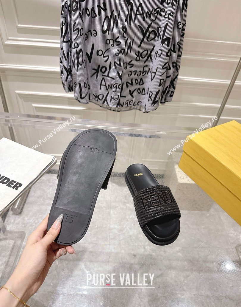 Fendi Flat Slides Sandal in Woven Straw-Like Black 2025 0605 (MD-250605064)