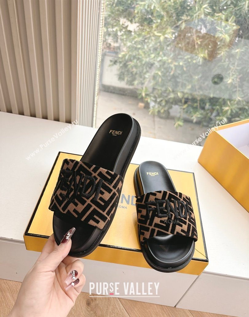 Fendi Flat Slides Sandal in FF Canvas Black 2025 0605 (HQG-250605058)
